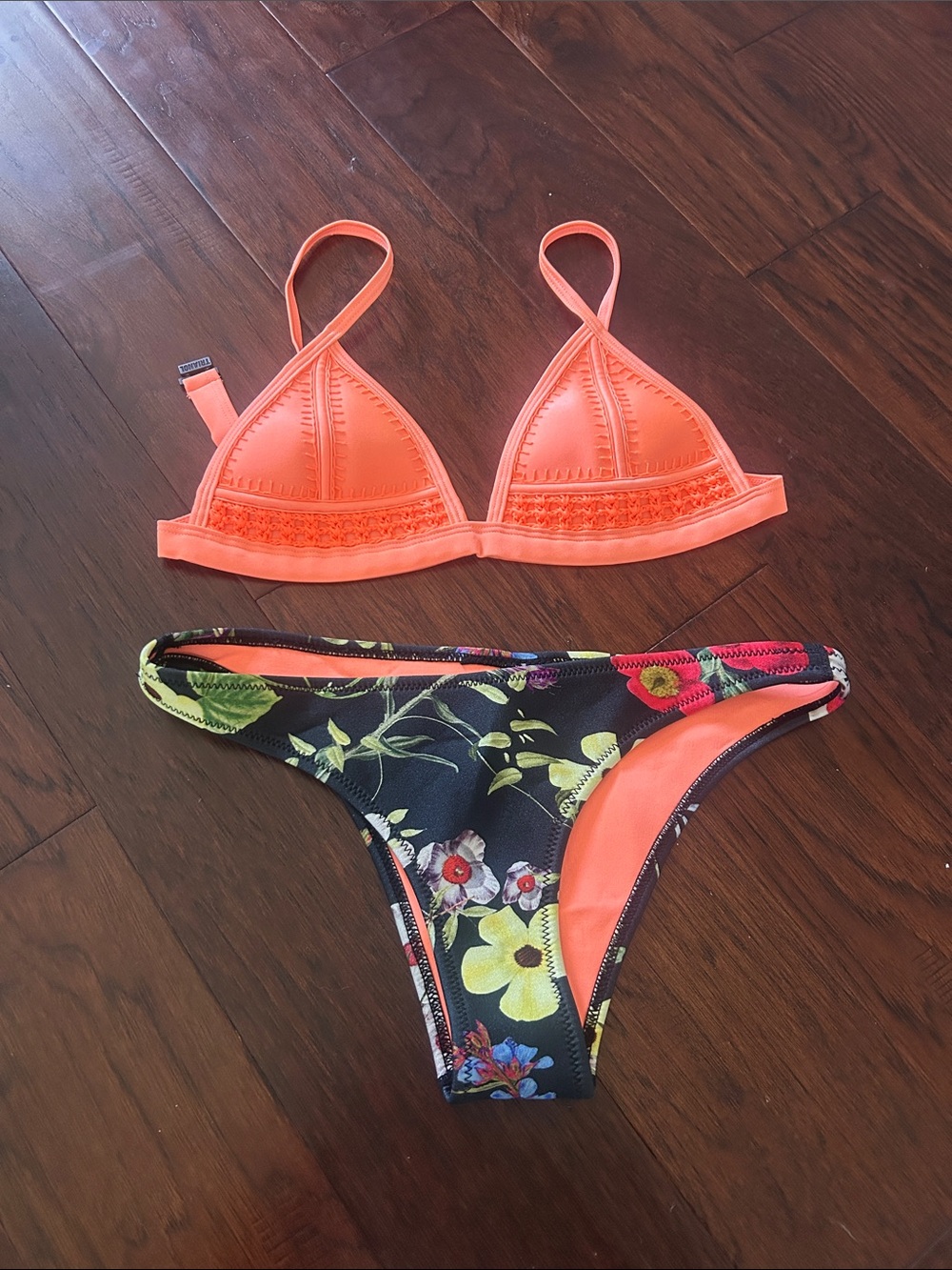 triangl swimwear Neon Coral Triangle Top with Floral Black Bikini Bottom